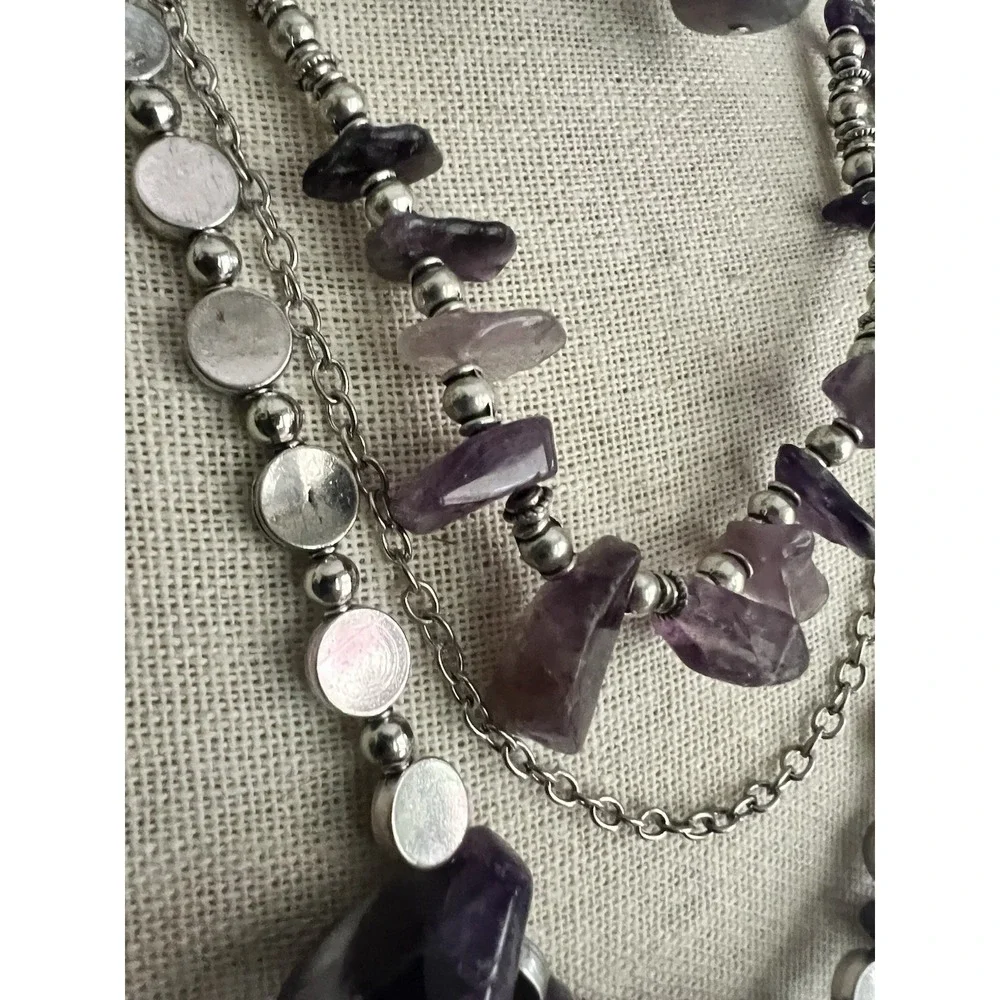 Genuine Amethyst Triple Layer Statement Necklace And Earrings Set 19